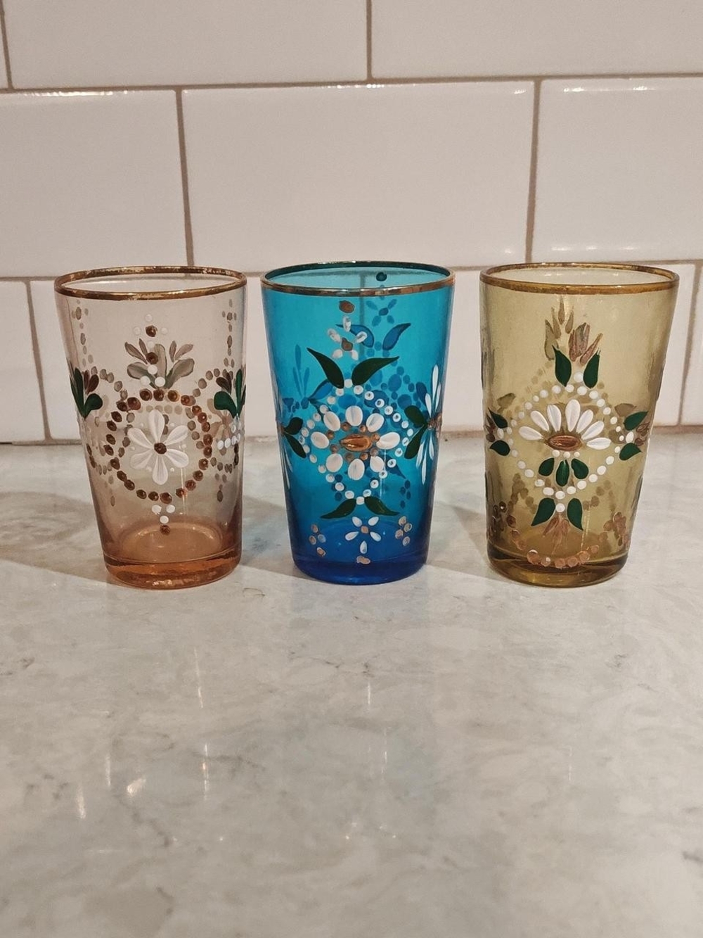 3 pc Vintage Victorian Art Glass Painted Tumblers
